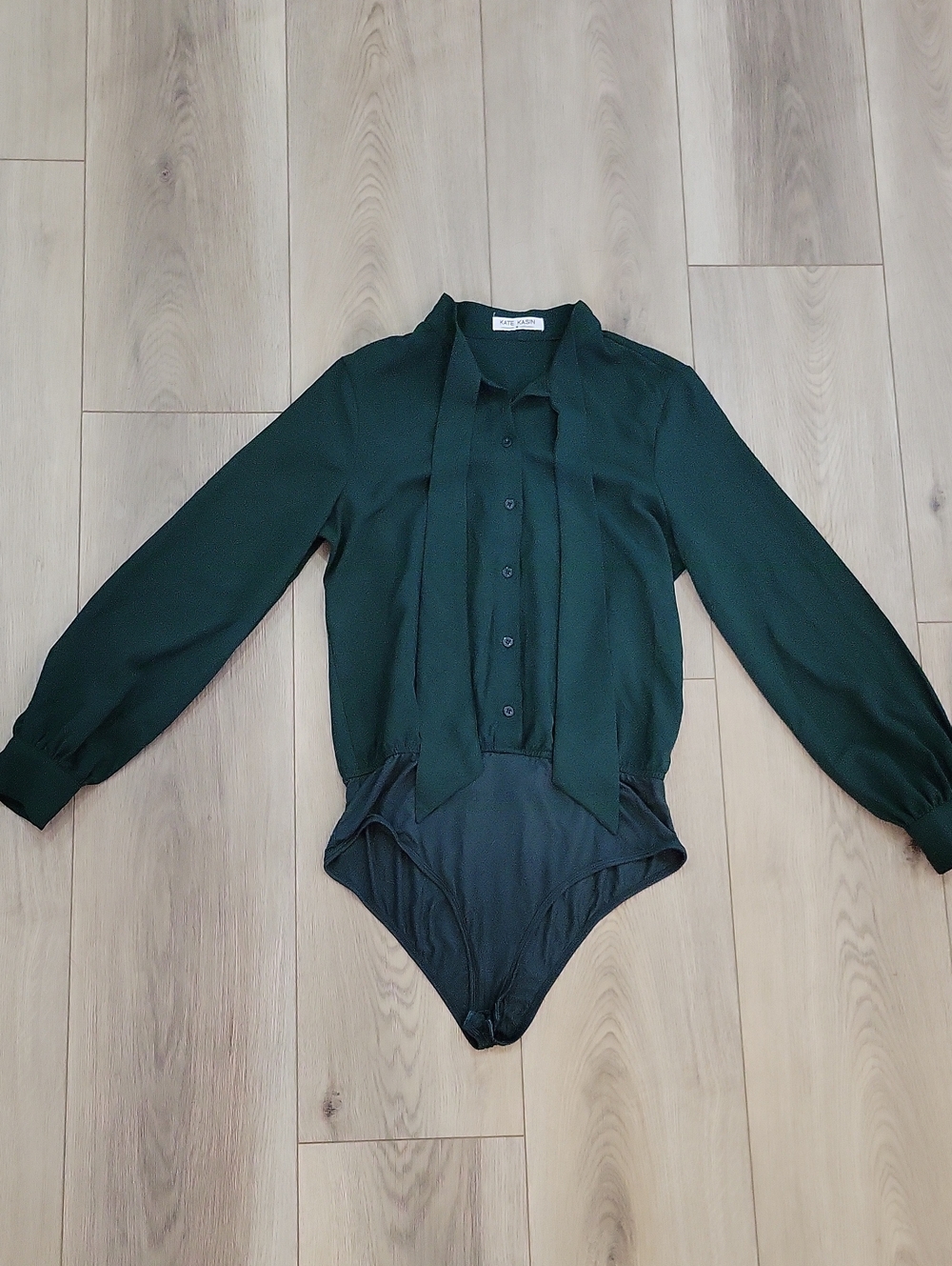 Women’s Dark Green Tie-Neck Long Sleeve Bodysuit Blouse